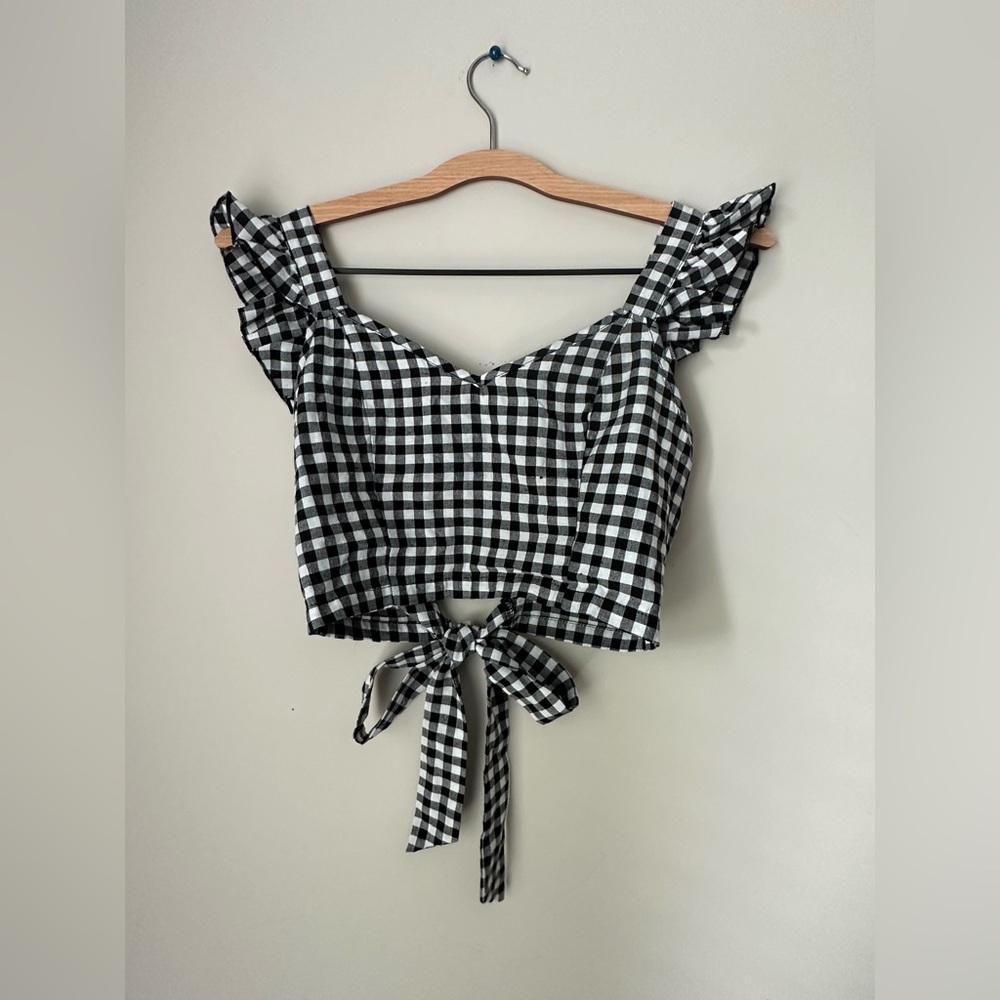 Plaid ruffle crop top with tie back detail